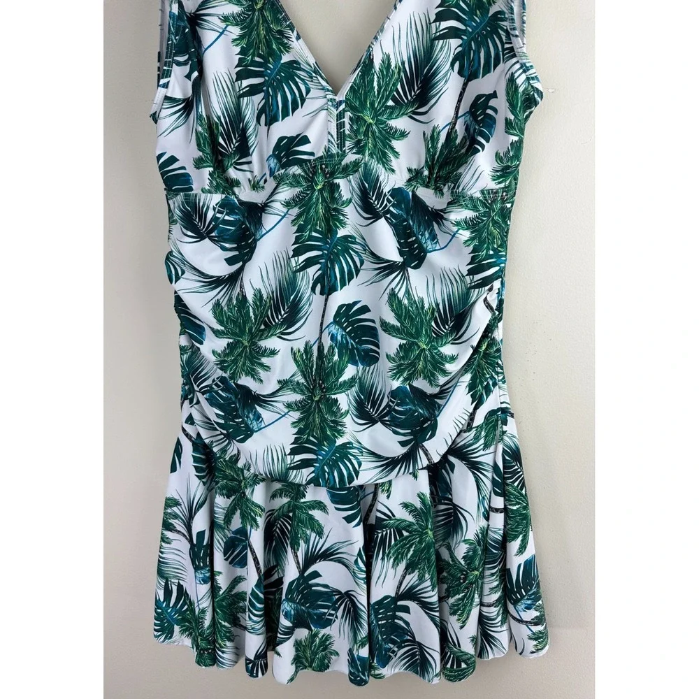 COCOPEAR Women's Tropical Palm Leaf Swim Dress Green White One Piece Size 3XL